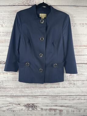 Boutique Essentials Blazer Jacket Women's SZ 10 Navy Blue Collarless 3/4 Sleeve
